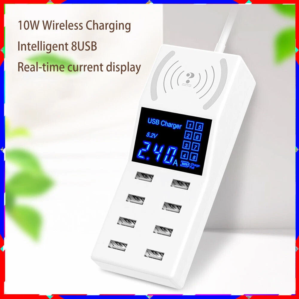 8-Port USB Hub with Wireless Charging Pad & Non-Slip Base 5V8A 8-Port USB Hub with Wireless Charging Pad & Non-Slip Base 5V8A
