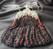 Vintage Jet Glass Beaded Pierced Metal Frame Evening Bag 20s