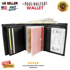 Men Trifold Black Multi Card Zippered Pockets Leather Classic Style Wallets