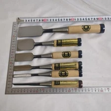 Chisel Set of 6 Beige Wooden Handle Carpentry Tools Made in Japan w/Box