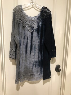 CONTRAST BOHO Gray Tie Dye Cotton CROCHET Sweater TUNIC Top Dress Womens Plus 3X