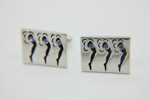 Vintage Anson 3 Girl Dancer's Leg Silver Tone blue crystal Cufflinks Playboy - Picture 4 of 7