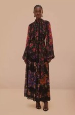 NWT AUTH FARM RIO Black Floral Scarves High Neck Maxi Dress Sz Small