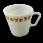 Vtg 1970's PYREX Butterfly Gold Coffee Mug Cup White Glass D-handle # 1410 USA