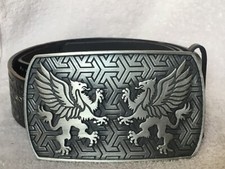 Dragons Silver Color Belt Buckle on Black Rivet Belt Large Ages 14 & Older 42"