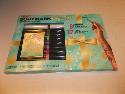BIC BodyMark Temporary Tattoo Marker - Multicolor (9 Pack)+12 Stencils  NEW