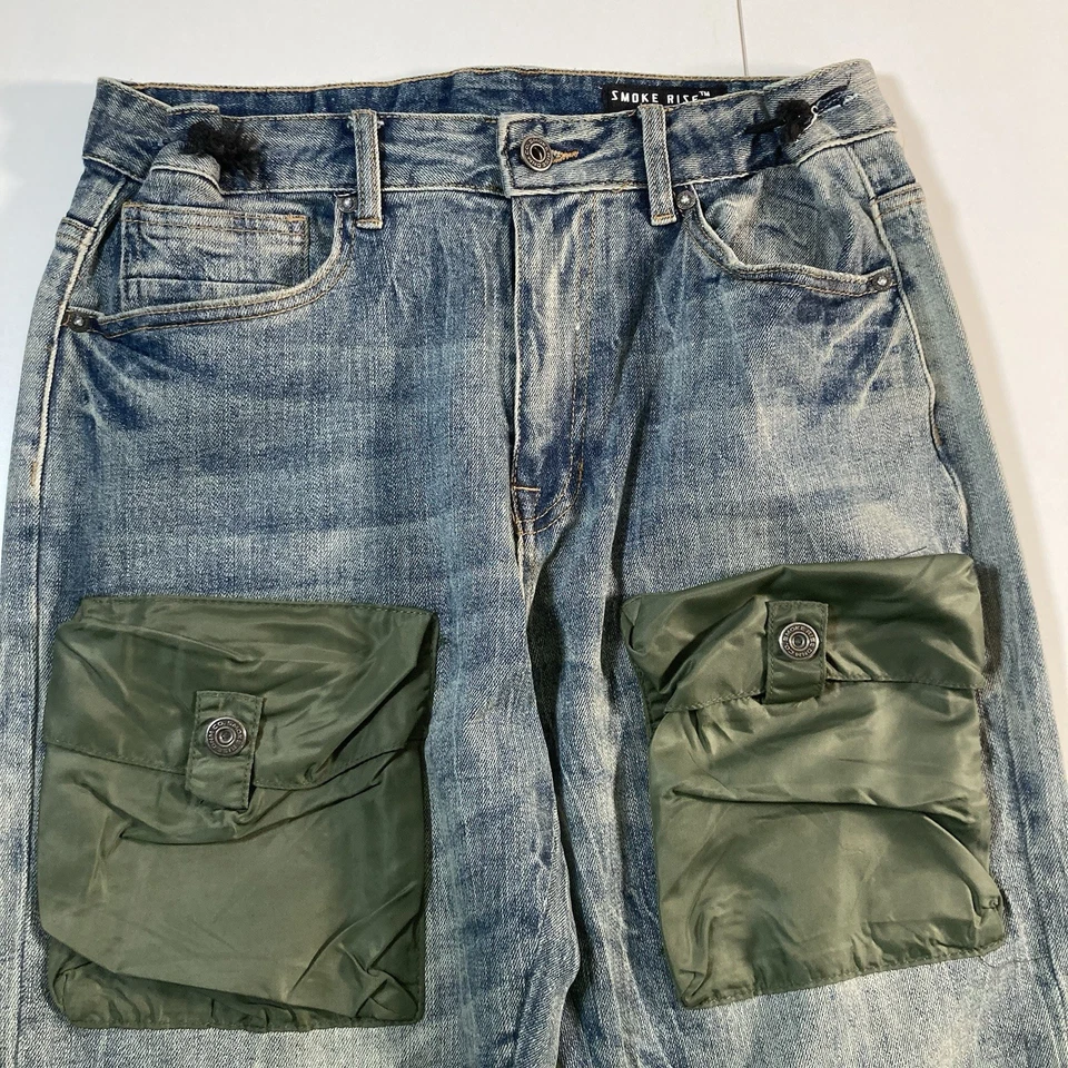 Pantalones de mezclilla Smoke Rise para hombre 31x32 azul desgastado carga motociclista utilitarios hip hop años 90 Y2K Foto 3 de 4