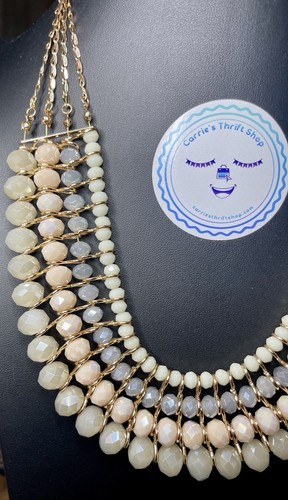 Four Strand Green Blue Beige Crystals 22” Gold-tone Beaded Bib Necklace EUC - Picture 3 of 7