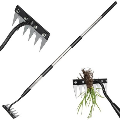 Garden Weeding Rake, Iron Weed Rake with Long Handle(27'' - 60''), Heavy Duty 6 Te