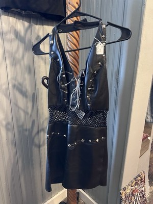 Rubie's Women's M Black Faux Leather Mesh Studded Mini Dress Halter Lace-Up