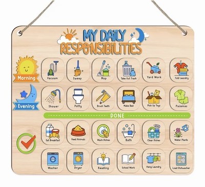 Kids Daily Responsibility Chart Wooden Morning & Bedtime Routine Board