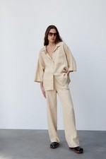 New ZARA Shirt And Trouser Matching Linen Co Ord Set In Beige Size S - M RRP £60