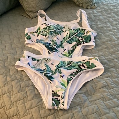 Women's White Green Tropical Wide Strap Lined Bikini 2-Piece Set Size XL