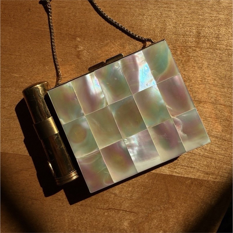 Mother of Pearl Compact with Mirror, Gold Tone Lipstick Holder, Chain Handle