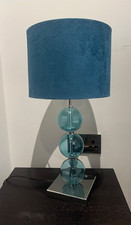 Pair of Blue Contemporary Table Lamp Glass Ball Base with Blue Drum Shade