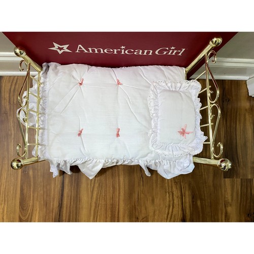 American Girl Samantha’s Retired Doll Brass Bed w White & Pink Bow Bedding - Picture 2 of 11