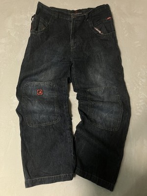 BSN Denim Wear Cargo Jeans 44x32 Y2K Baggy Strap Red Logo Wide Leg Vintage japan
