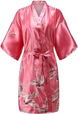 Women Satin Floral Kimono Robe Short Silk Bridesmaid Wedding Dressing Gown