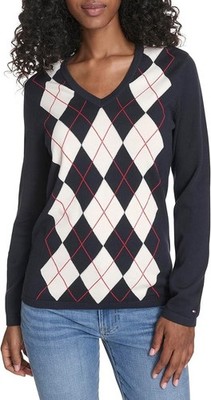 Tommy Hilfiger Women's V-Neck Argyle Sweater, Sky Captain Multi, L **DEFECTIVE**