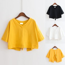 Women's Casual Baggy Loose V Neck Tee Short Sleeve Crop Top Backless Shirts SIZE