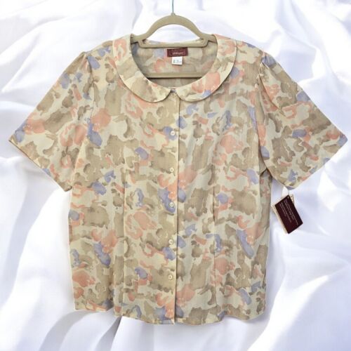 VTG Worthington Peter Pan Collar Blouse Floral Print Short Sleeve Top Woman 20W