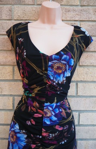 CONNECTED APPAREL BLACK MULTI COLOUR FLORAL RUCHED MESH BODYCON PARTY DRESS S M - Picture 5 of 8