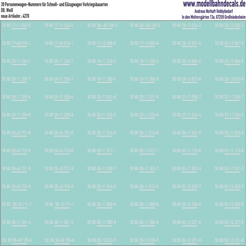H0 39 Números de Vagón de Vagón Rápido y Rápido en Blanco, Kreye 087-4270 | Zustand: Neu