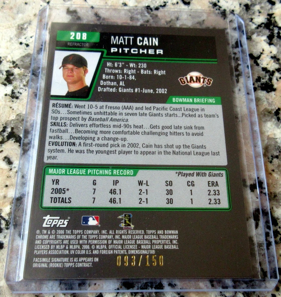 Tarjeta de novato Matt Cain 2006 Bowman cromo refractor azul SP/150 RC juego perfecto Foto 2 de 4