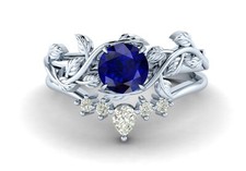 Leaf Round Cut Blue Sapphire Engagement Ring 925 Platinum Vermeil Birthday Gifts