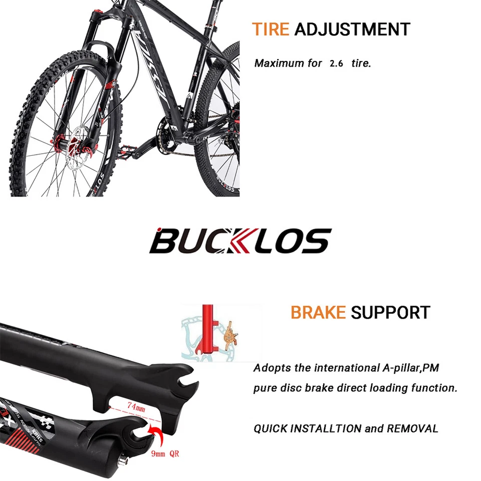 BUCKLOS 26/27.5/29" MTB Bike 1-1/8 Suspension Fork 100mm Travel QR Front 1 1/8" - Image 3 of 4
