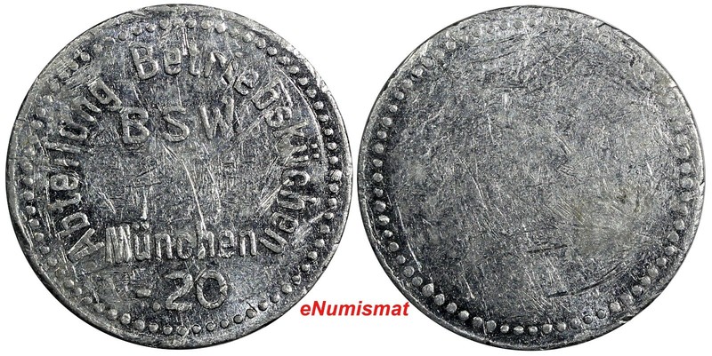 GERMANY MUNCHEN. 20 Pfennig  BSW Abteilung Betriebsküchen Token VF 24mm (293)