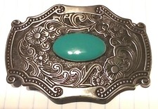 RARE - METAL BELT BUCKLE WITH FINE DESIGN PATTERN AND BIG GREEN TURQUOISE STONE