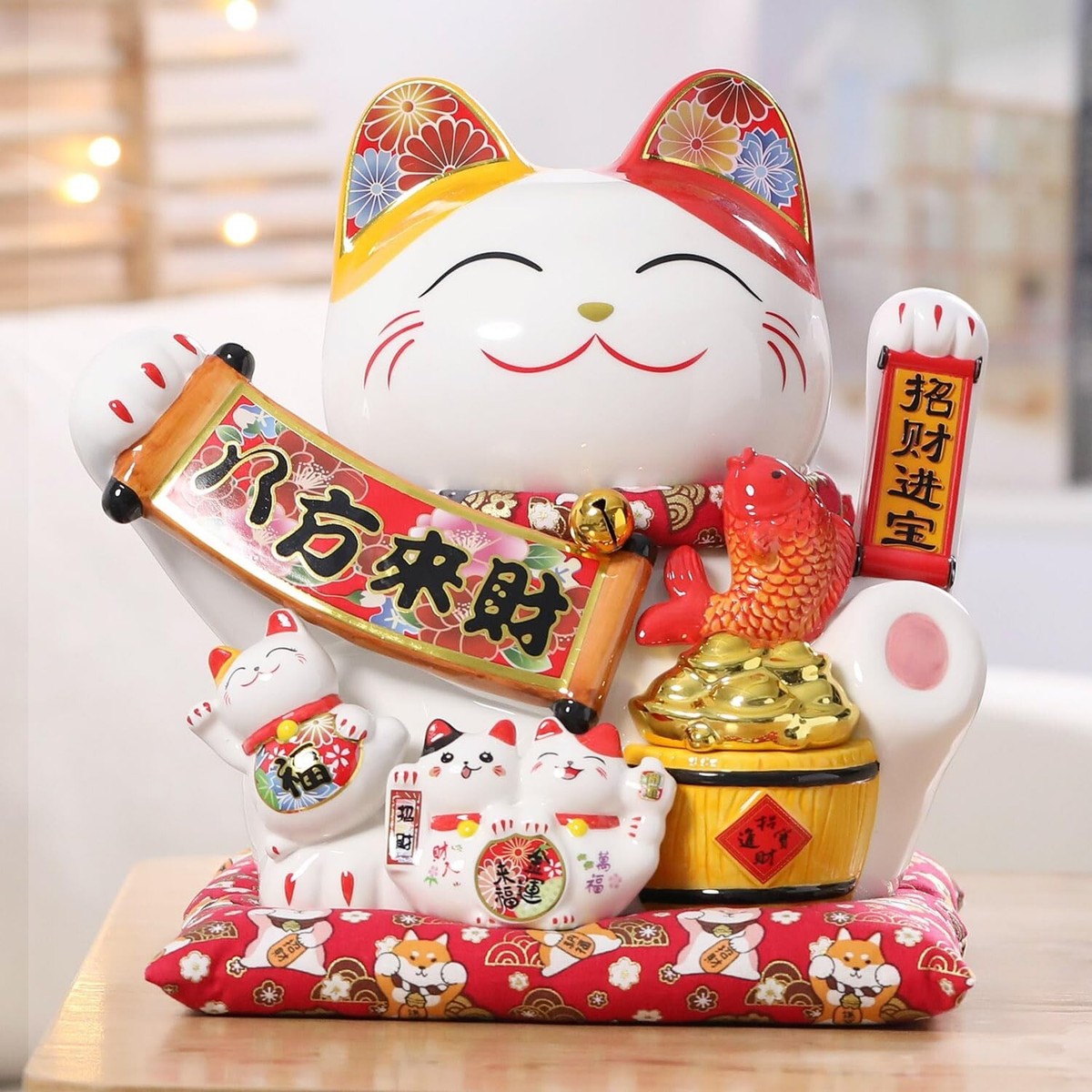 Lucky Cat Waving Arm Fortune Cat Statue,Chinese Ceramic Maneki