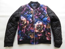 Golddigga Womens Black Floral Pattern Quilted Bomber Jacket Coat Zip Up Uk 10 12