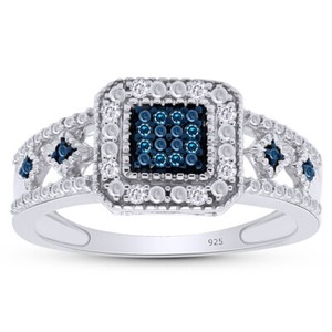 Authentic 1/10 Ct Round Blue & White Natural Diamond Wedg Band Ring 14K Gold Plated Silver