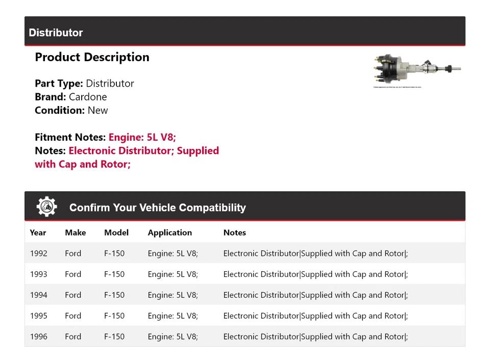 Ford F-150 1992-1996 5L V8 distribuidor Cardone 1993 1994 1995 Foto 2 de 4