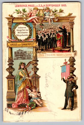 1905 LAWRENCE MA GRUSS SANGERFEST US FLAG GERMAN FESTIVAL HOMEISTER Postcard P75