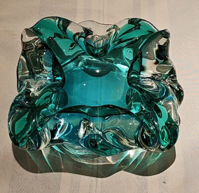 Vintage Murano Italy Sumerso Art Glass Ashtray Aqua Blue Green 8.5