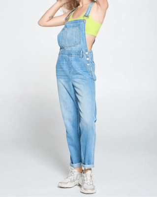 Womens Summer Cute Relax Fit Rolled Hem Bib Jumpsuit Denim Overalls Light Blue S