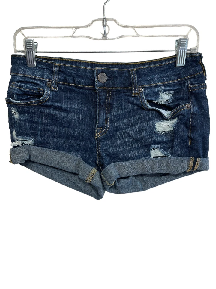 Shorts Aeropostale Midi Feminino Tamanho 6 Azul Denim Elástico Cintura Desgastada 30” - Imagem 4 de 4