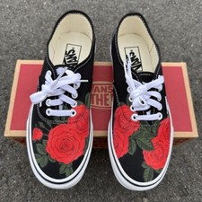 Red Roses on Black Vans Authentic Shoes Custom Sneakers