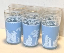 Vtg Jeanette Wedgwood Set (6) Blue Gold Hellenic Mid Century Highball Glasses