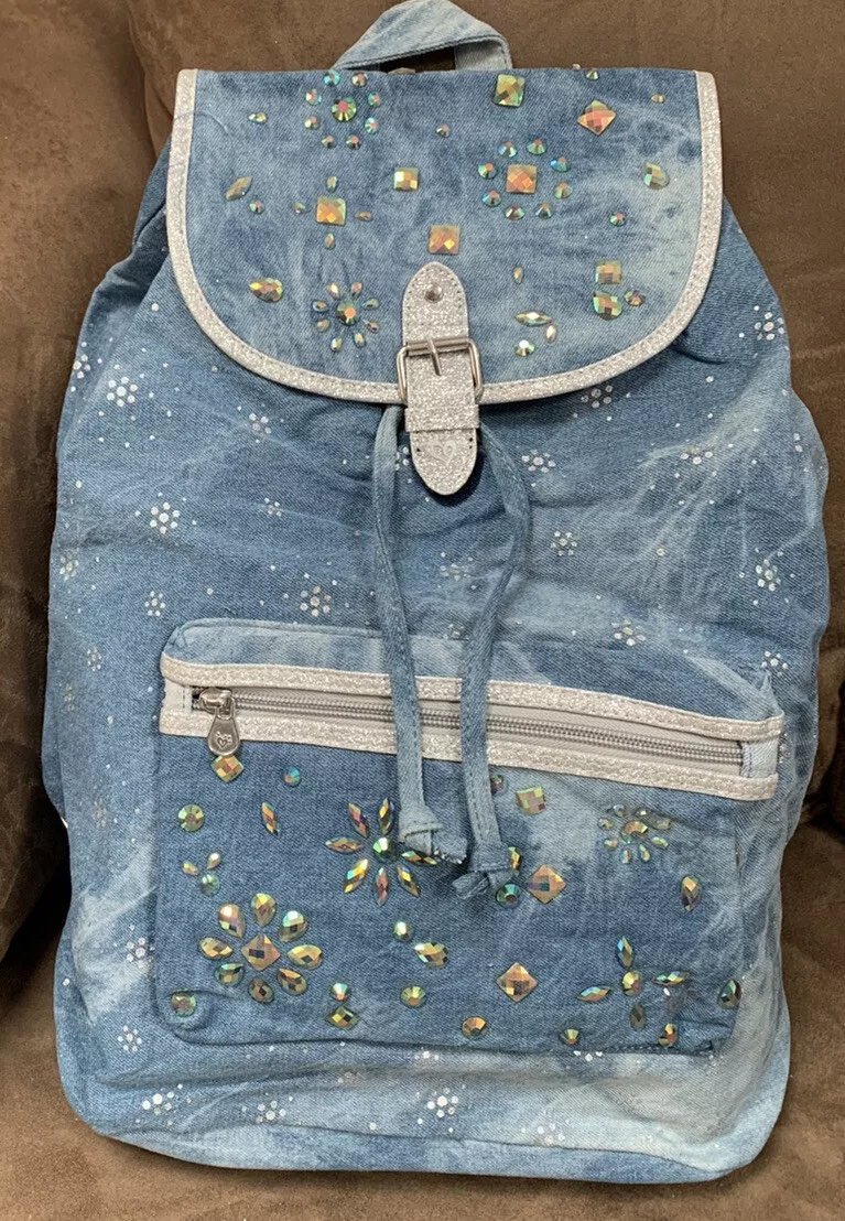 Sympton Bijproduct Toneelschrijver JUSTICE BACKPACK DENIM STONEWASHED SHIMMERING RHINESTONE GLITTER ACCENTS  CUTE!!! | eBay