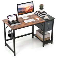 Image of Rustic Brown & Black 120cm Desk with Drawers, Headphone Hook & Shelf