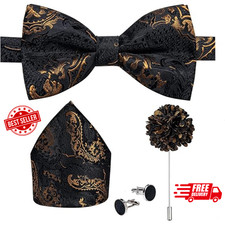 Silk Black Gold Bow Ties for Men Adjustable Pre-tied Bow Tie and Pocket Squar...