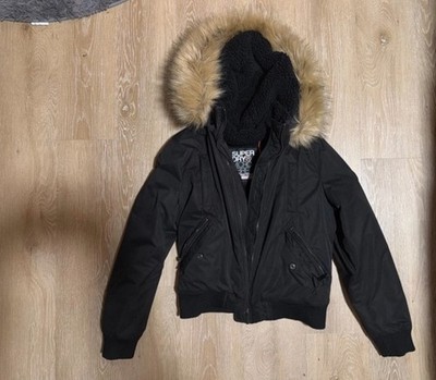 Superdry Women's Black Short Winter Jacket Fur Trim Hood Zip -US 8