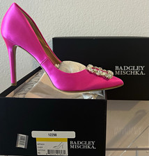 Badgley Mischka Pink Satin Pointed Toe Pumps Rhinestone Buckle Slip-On 8.5B