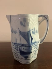 19th-20th c Blue Delft Creamer Ship w/Arts & Crafts lines on surface Art Nouveau