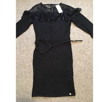 Lipsy Black Dress Size 12 Lace Yoke Belted Knitted Bodycon  Cocktail New