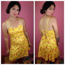 Vintage 1990's Frederick's of Hollywood Yellow Floral Mini Dress Corset Tie Back